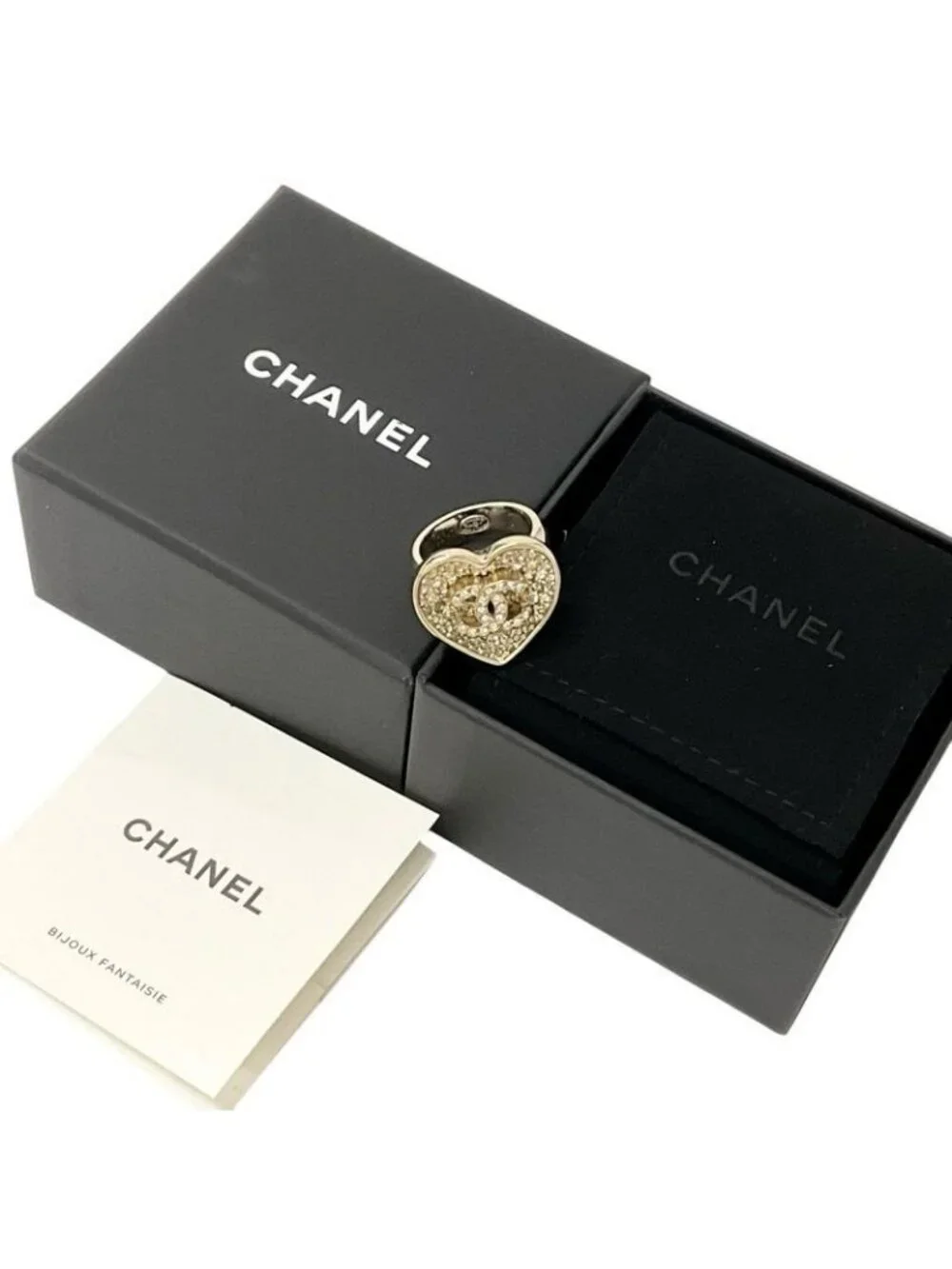 Chanel Ring Gold Black Coco Mark Heart Rhinestone